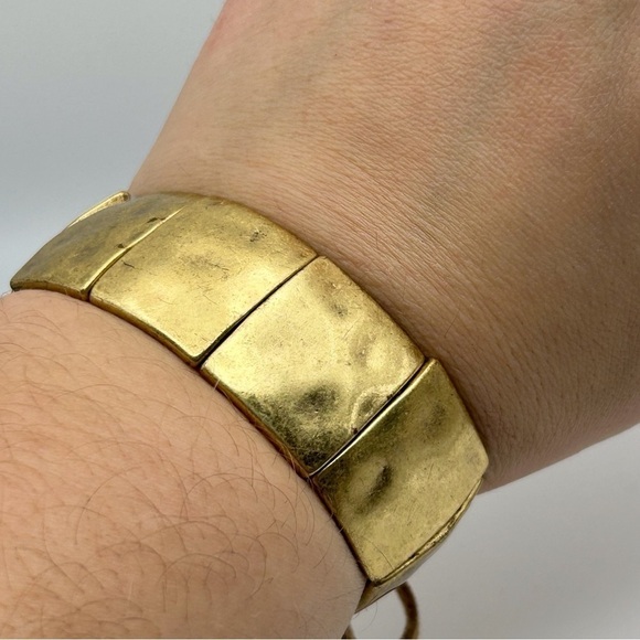 Boho Gold Tone Square Stretch Bracelet with Leather Lace Tie Up Design - Picture 8 of 10